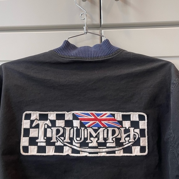 Mens Lucky Brand Triumph Black Blue Bomber Jacket Patches Medium Racing Flag - Picture 5 of 10